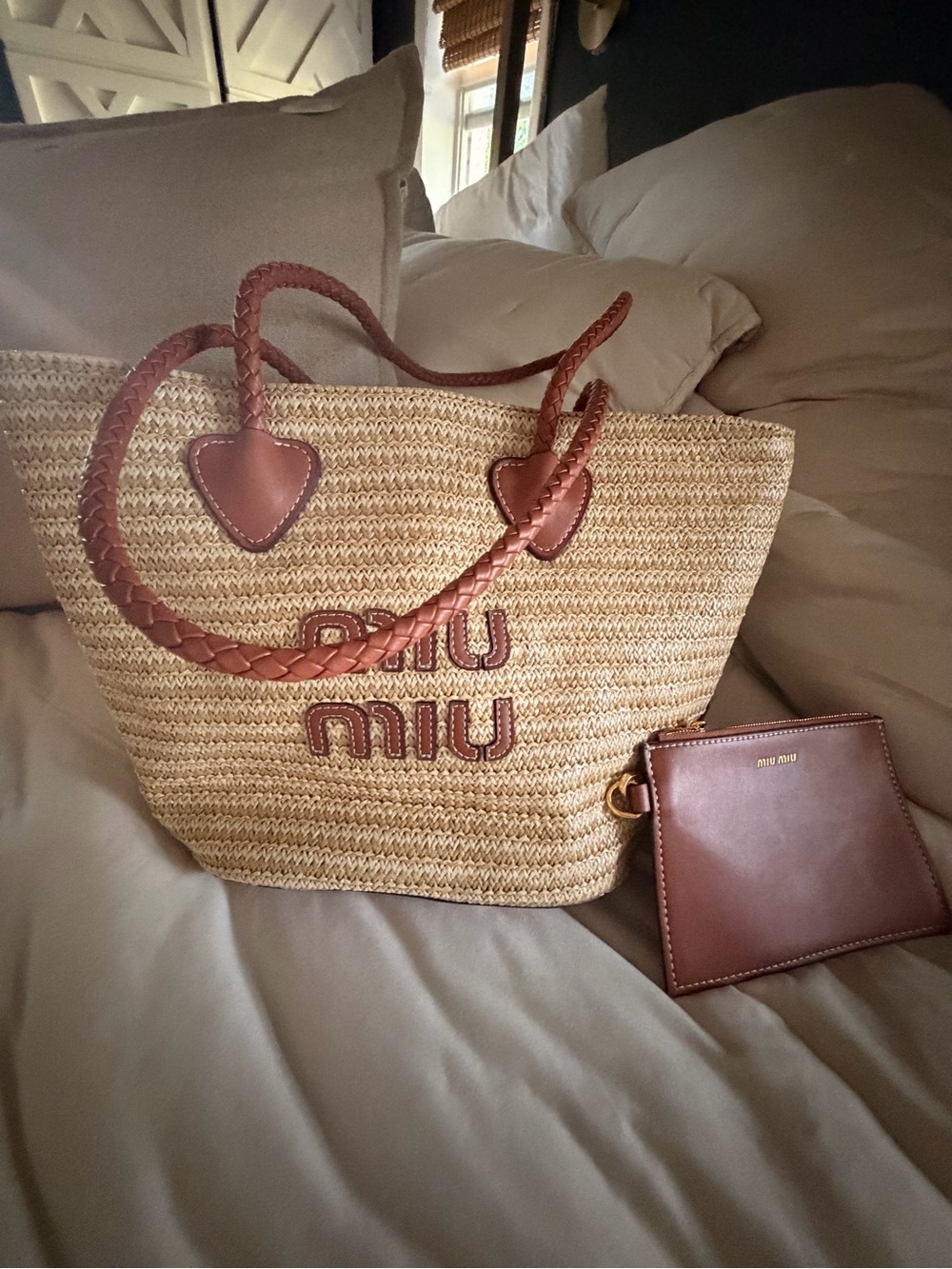 Miu Miu Straw Tote Bag with Brown Leather Trim